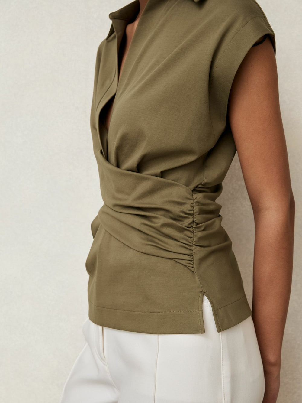 Reiss | Stretch-Cotton Wrap-Front Collar Top in Khaki Green