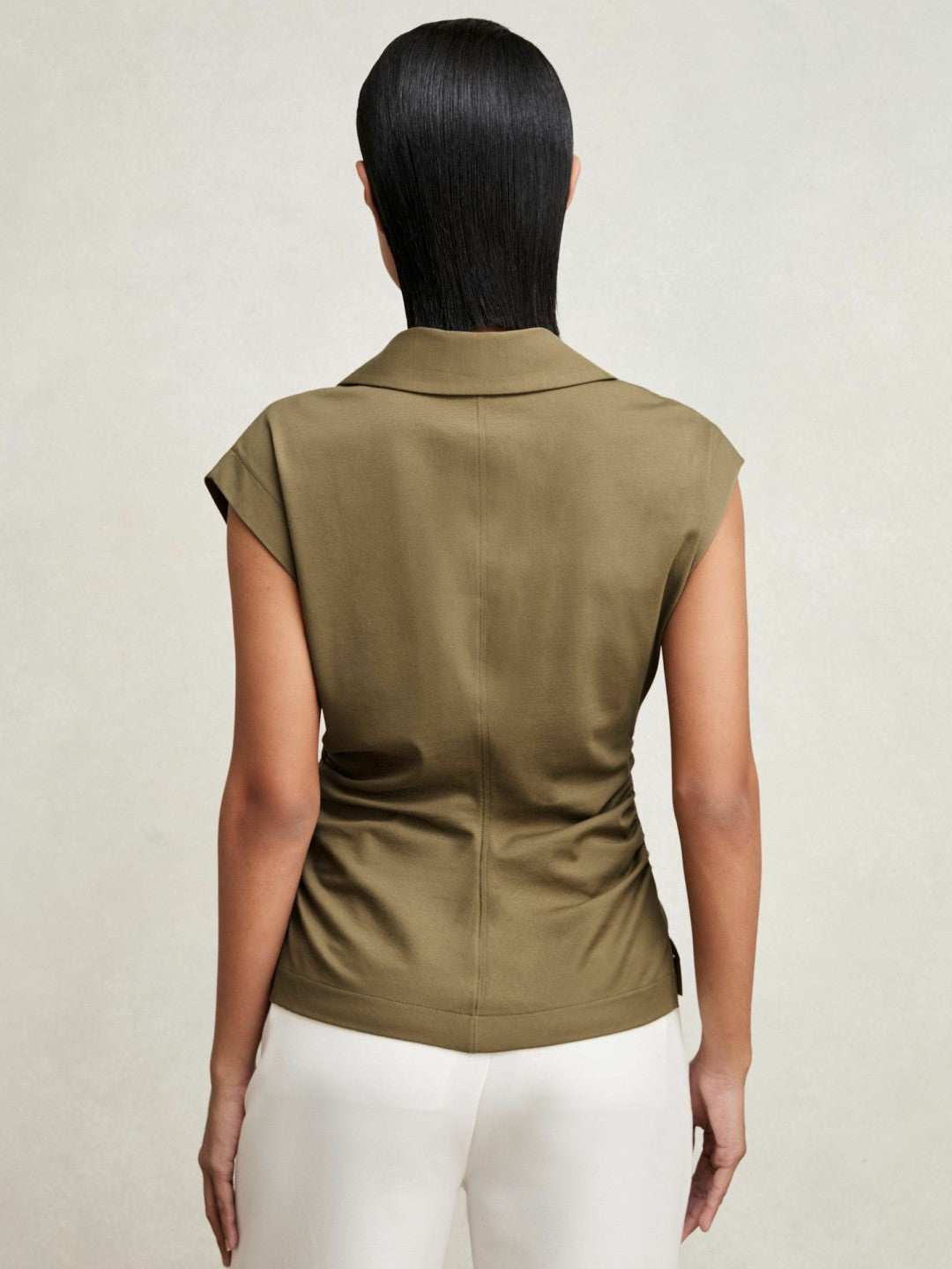 Reiss | Stretch-Cotton Wrap-Front Collar Top in Khaki Green