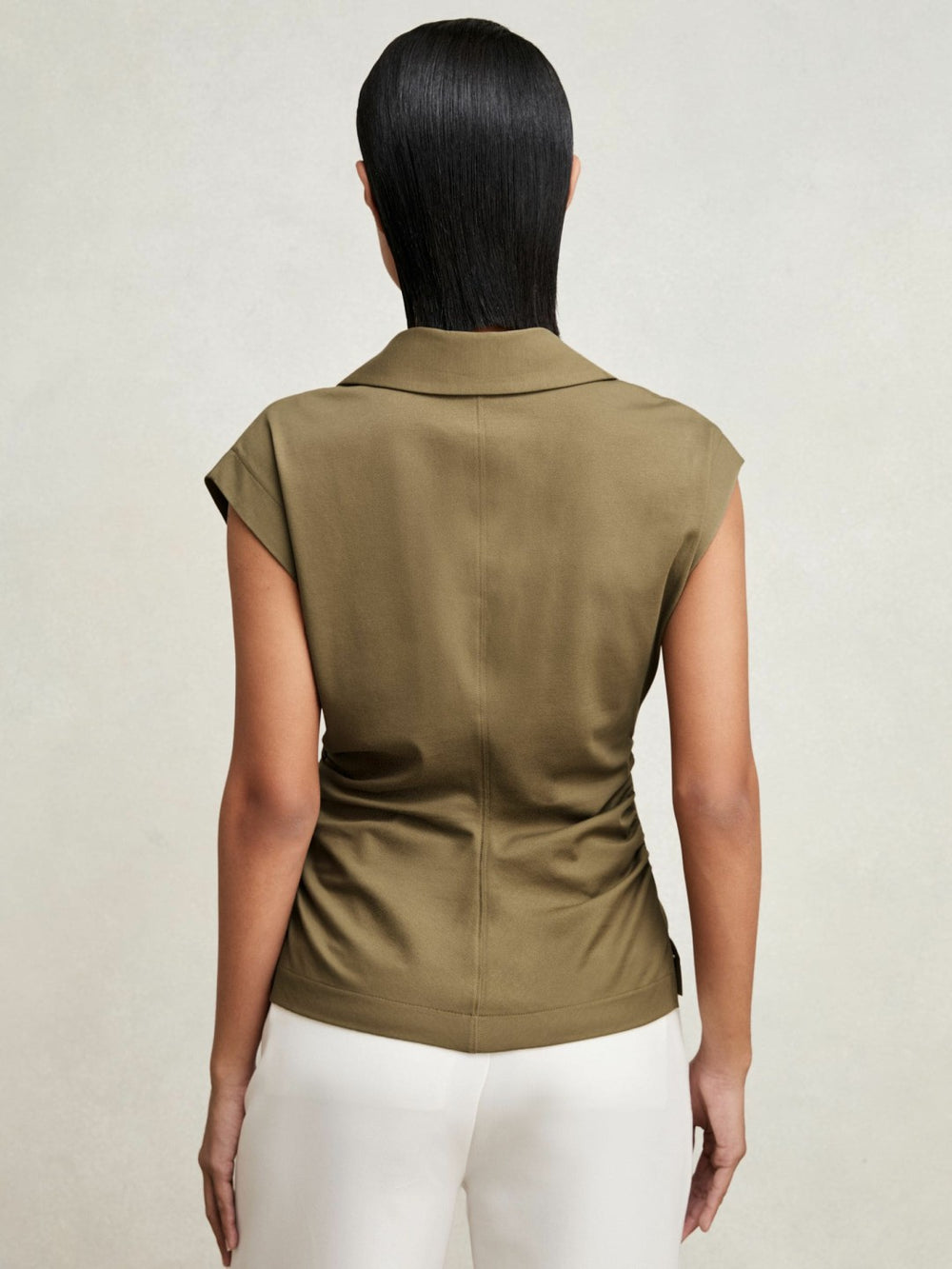 Reiss | Stretch-Cotton Wrap-Front Collar Top in Khaki Green