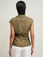 Reiss | Stretch-Cotton Wrap-Front Collar Top in Khaki Green