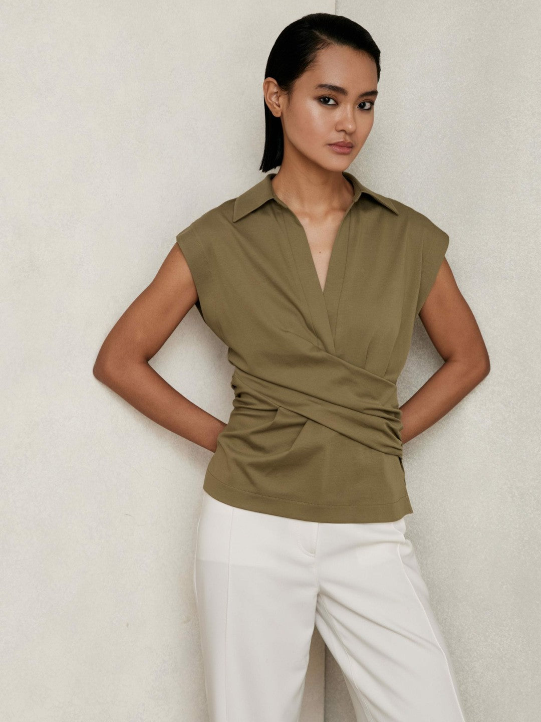 Reiss | Stretch-Cotton Wrap-Front Collar Top in Khaki Green