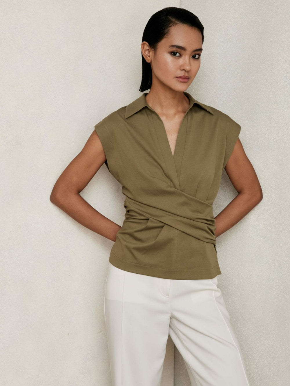 Reiss | Stretch-Cotton Wrap-Front Collar Top in Khaki Green