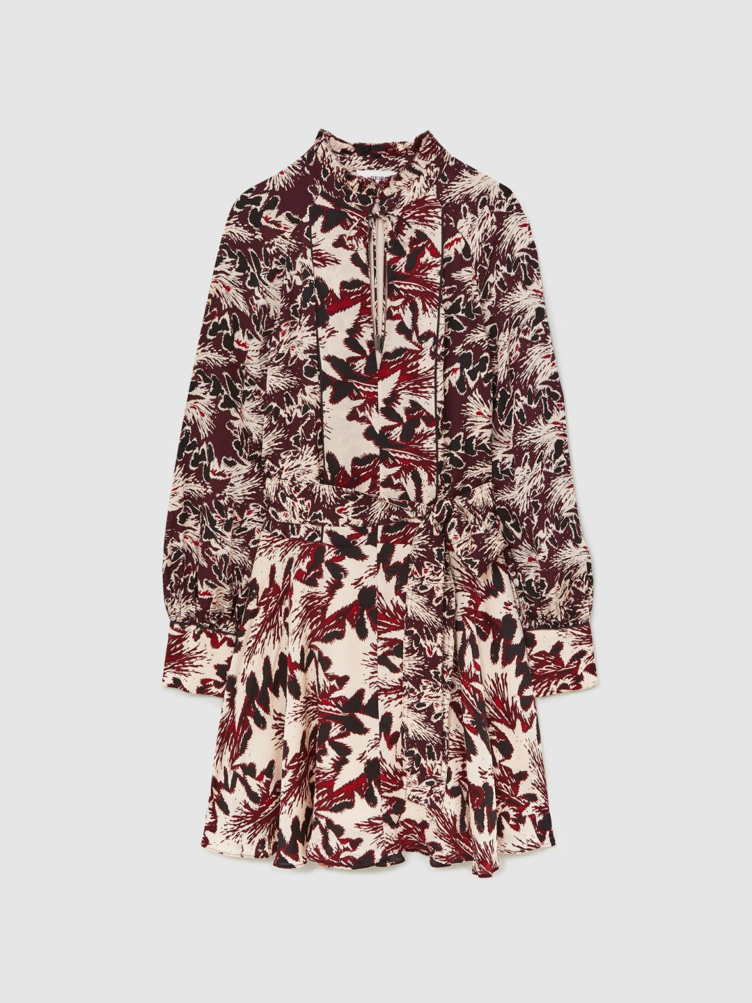 Reiss | Printed Tie-Waist Flippy Mini Dress in Burgundy/Cream