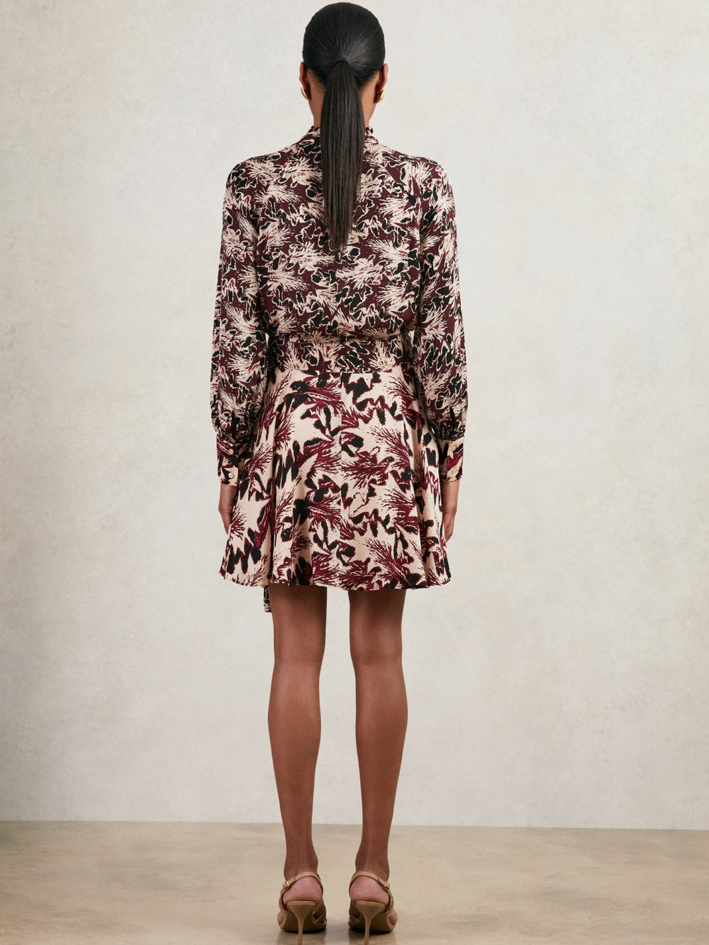 Reiss | Printed Tie-Waist Flippy Mini Dress in Burgundy/Cream