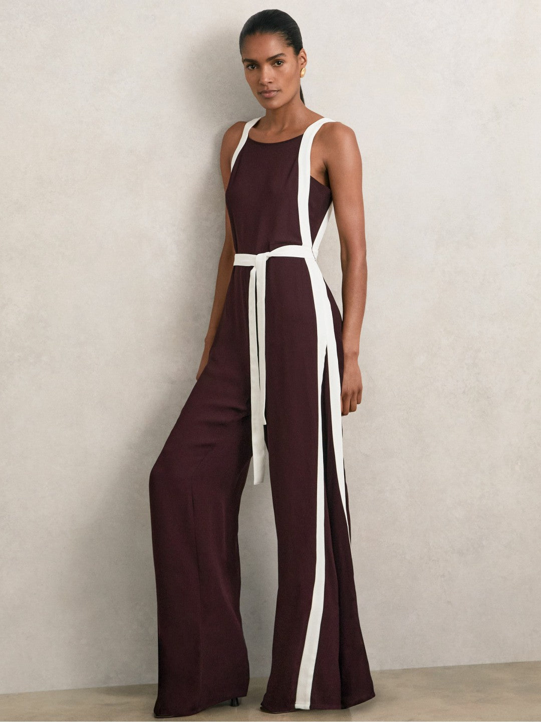 Reiss | Colourblock Wide Leg Belted Jumpsuit in Burgundy/Cream