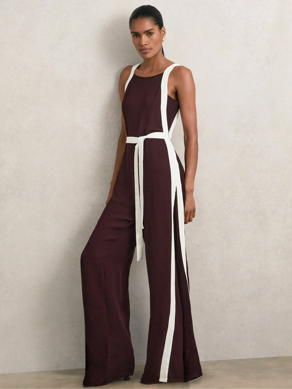 Reiss | Colourblock Wide Leg Belted Jumpsuit in Burgundy/Cream