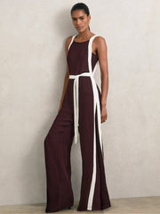 Reiss | Colourblock Wide Leg Belted Jumpsuit in Burgundy/Cream