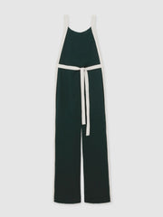 Reiss | Colourblock Wide Leg Belted Jumpsuit in Dark Green/Cream