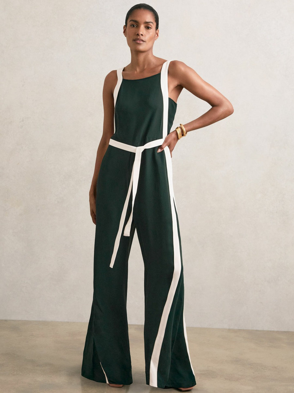 Reiss | Colourblock Wide Leg Belted Jumpsuit in Dark Green/Cream
