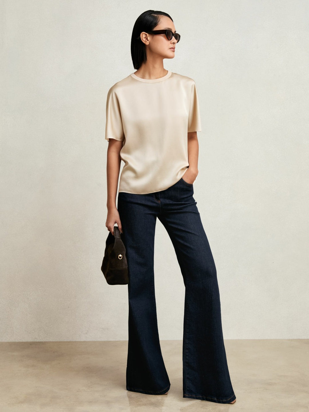 Reiss | Silk Short-Sleeve Top in Champagne Neutral