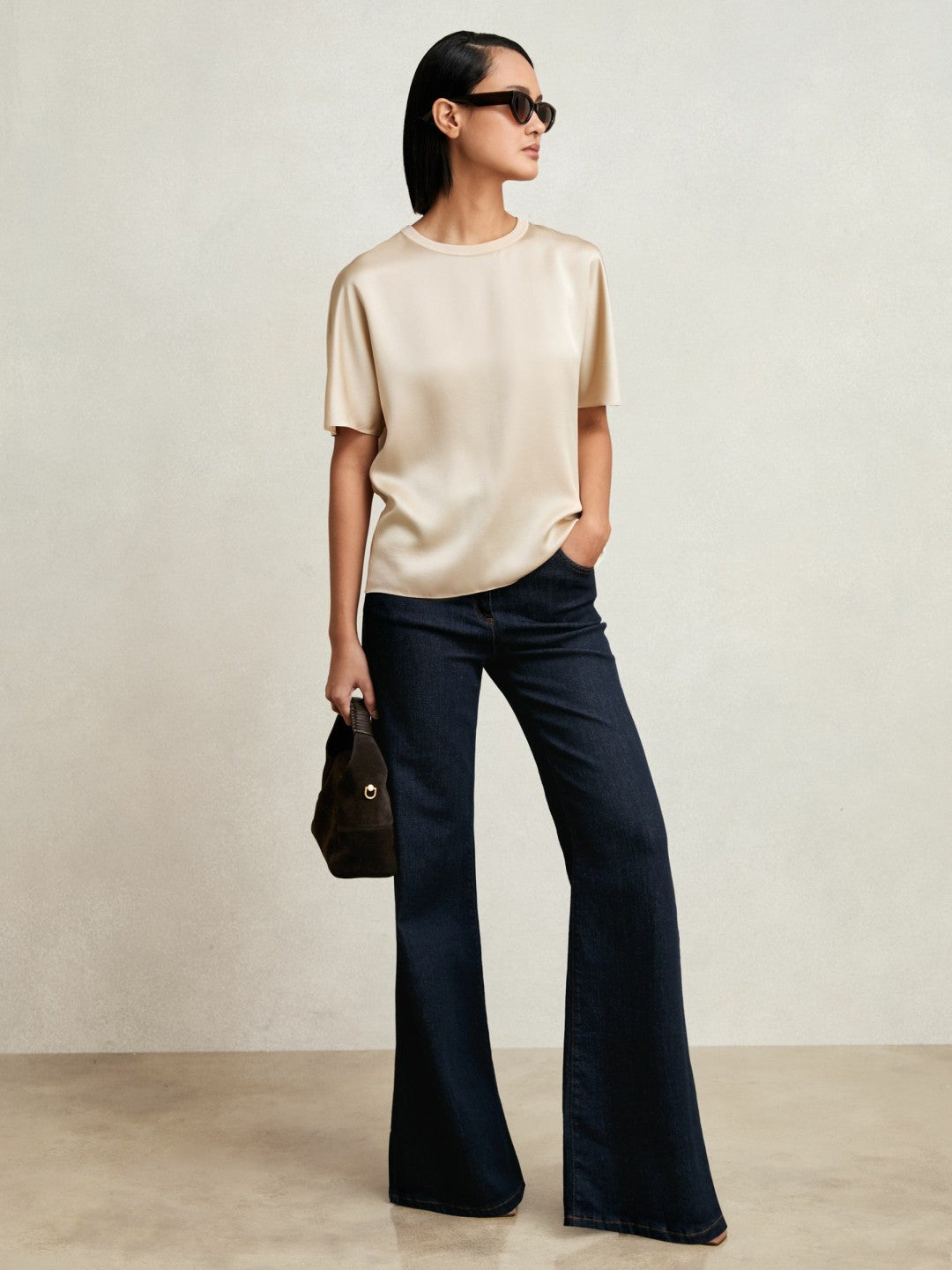 Reiss | Silk Short-Sleeve Top in Champagne Neutral