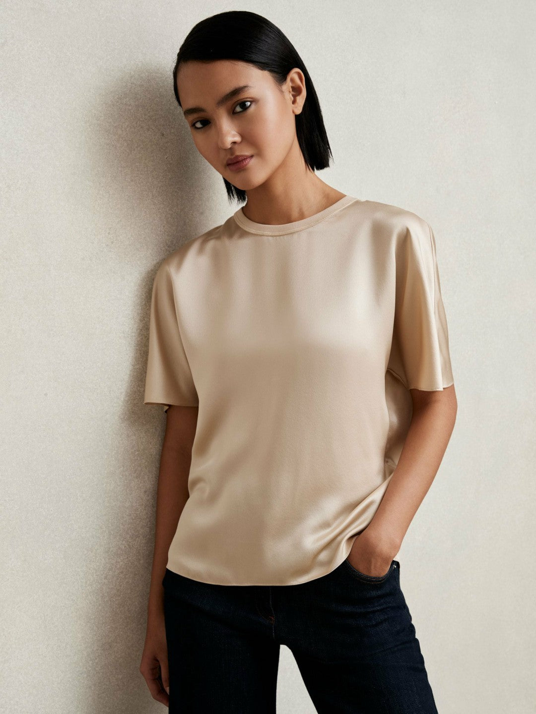 Reiss | Silk Short-Sleeve Top in Champagne Neutral