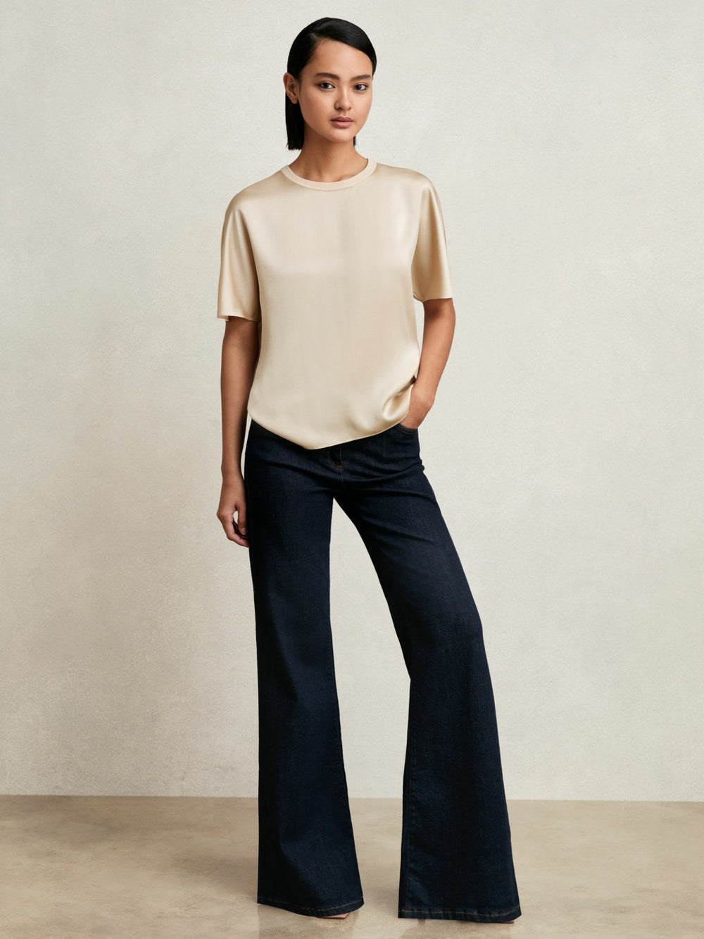 Reiss | Silk Short-Sleeve Top in Champagne Neutral