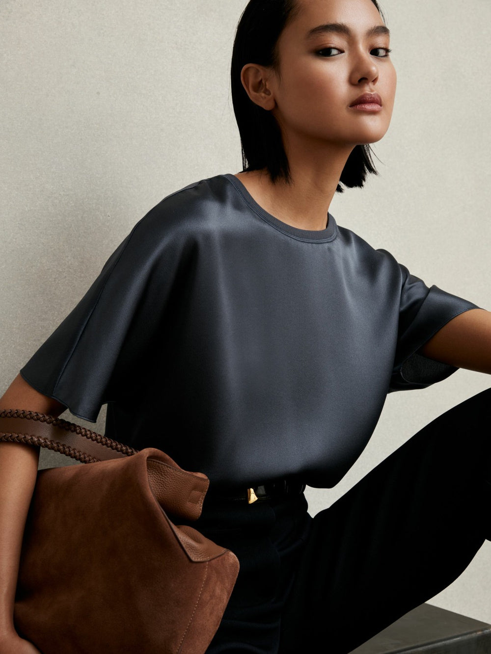 Reiss | Silk Short-Sleeve Top in Blue