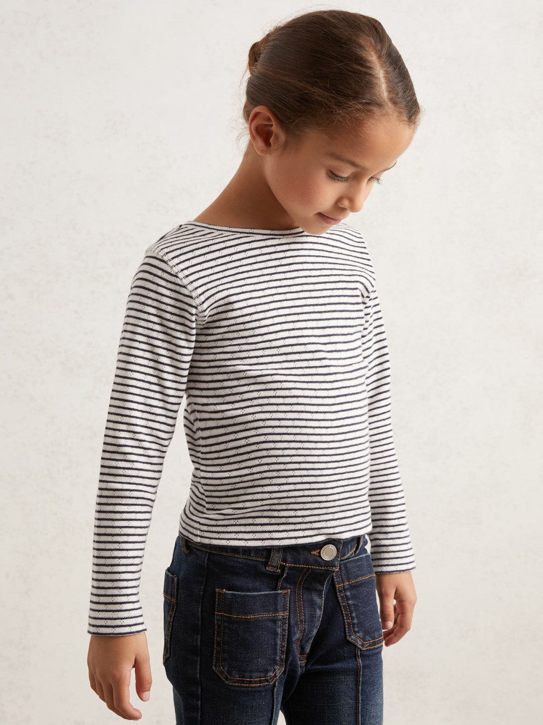 Reiss | 13-14 yrs Cotton Pointelle Long Sleeve Top in Navy/White