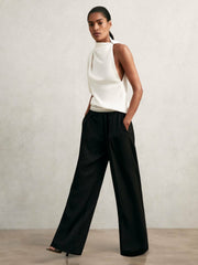 Reiss | Wide-Leg Contrast-Waistband Trousers in Black