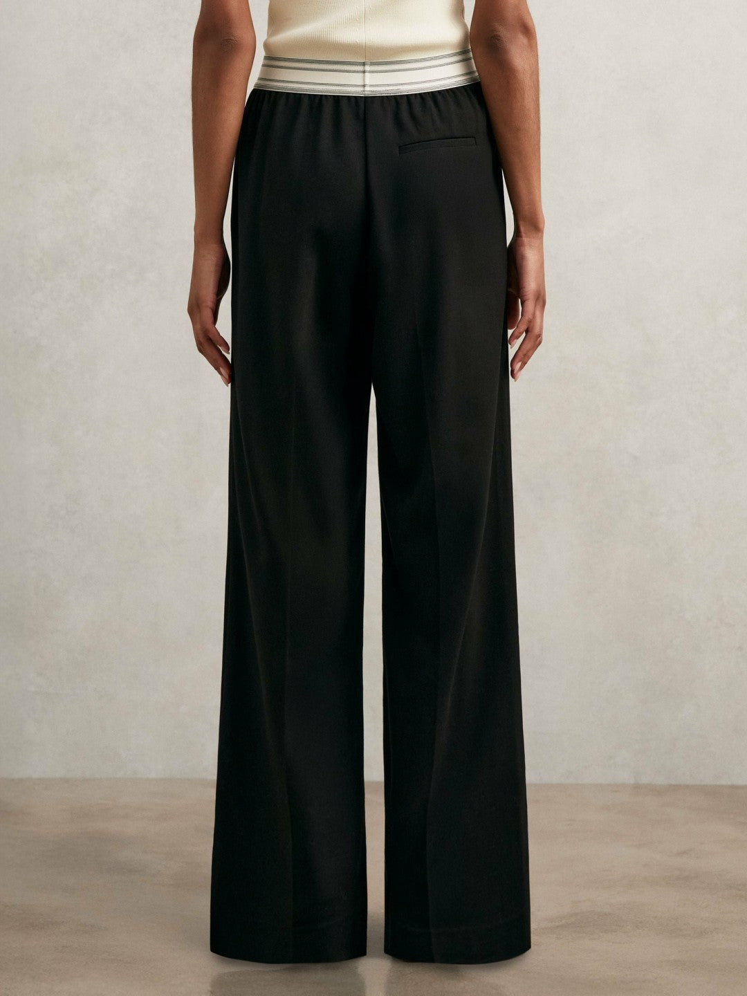 Reiss | Wide-Leg Contrast-Waistband Trousers in Black