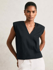 Reiss | Cotton Shoulder-Pad V-Neck Top in Navy