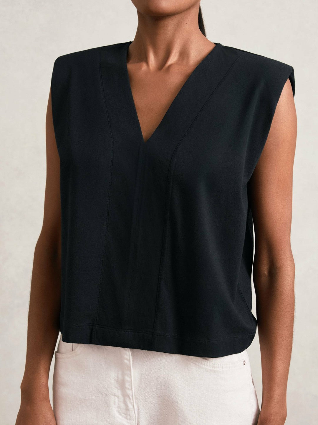 Reiss | Cotton Shoulder-Pad V-Neck Top in Navy