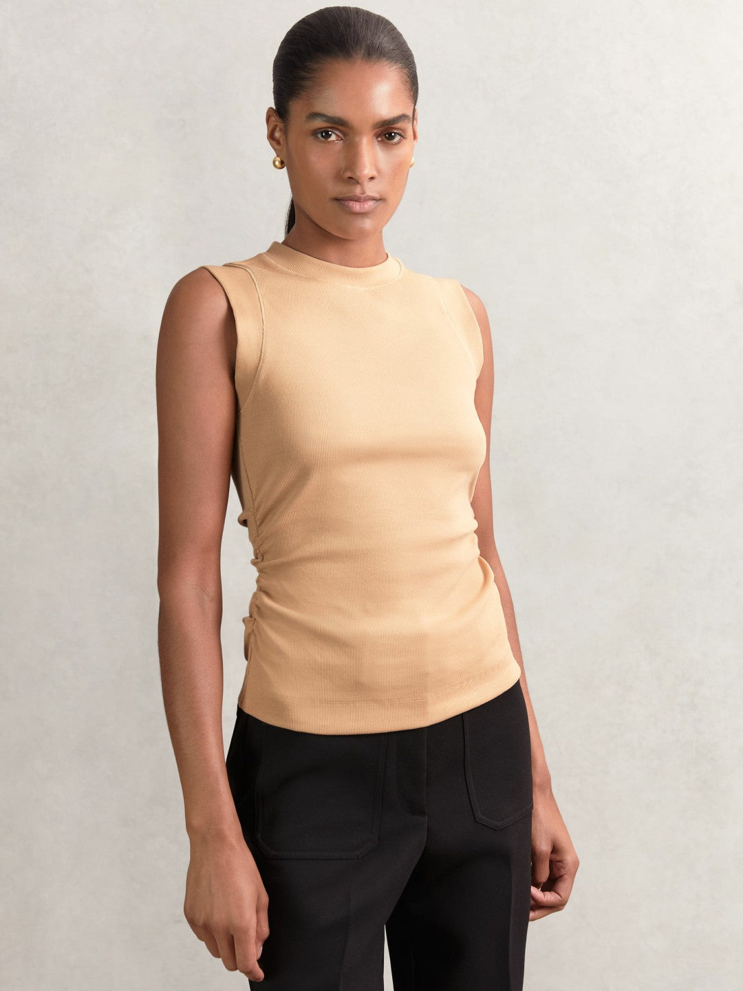 Reiss | Fine-Rib Ruched Vest Top in Camel