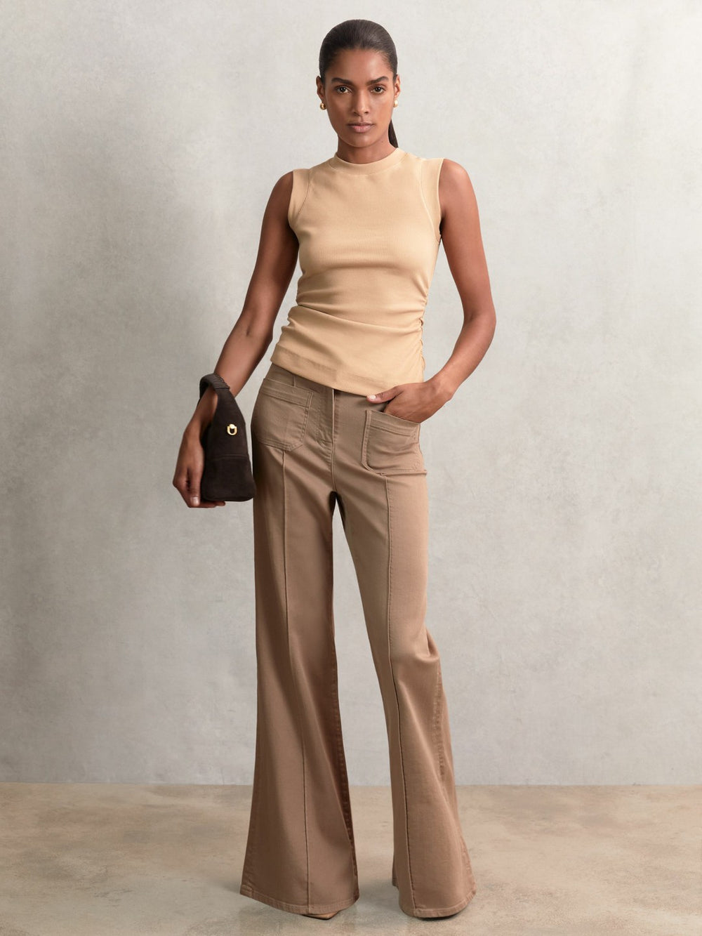 Reiss | Fine-Rib Ruched Vest Top in Camel