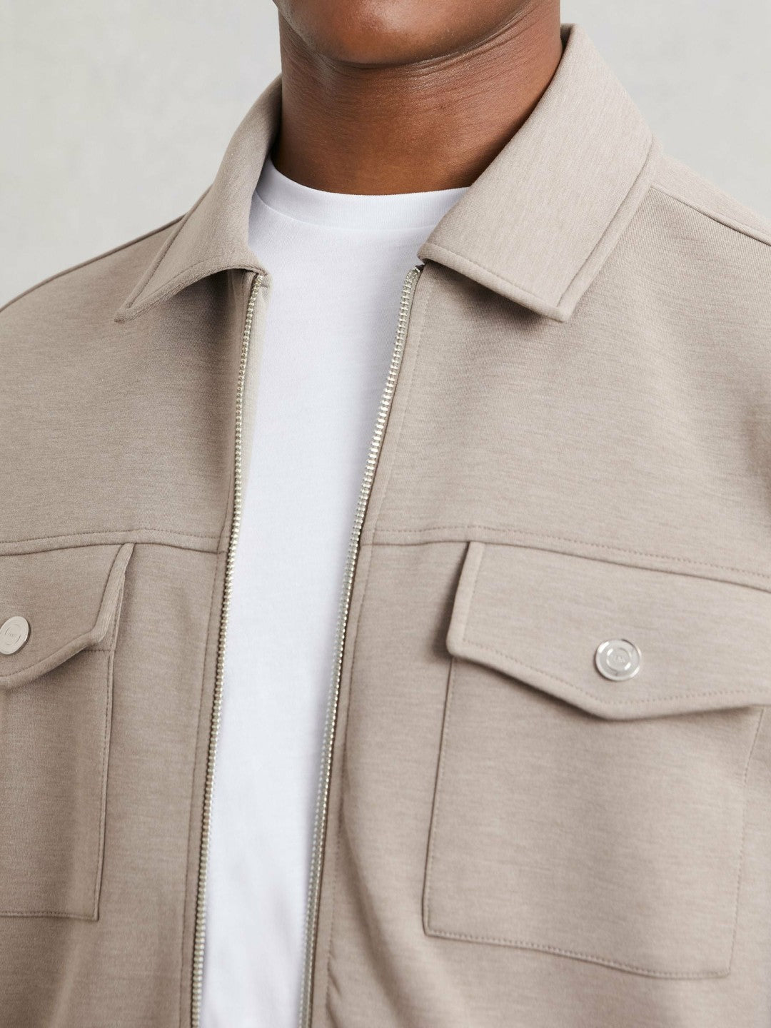 Reiss | Interlock Jersey Zip-Through Jacket in Taupe Brown
