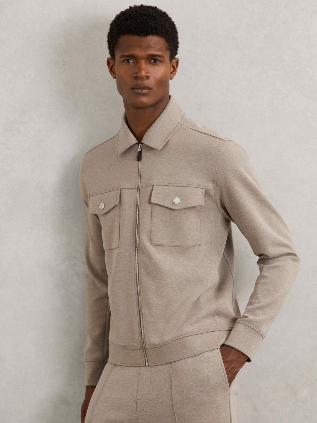 Reiss | Interlock Jersey Zip-Through Jacket in Taupe Brown