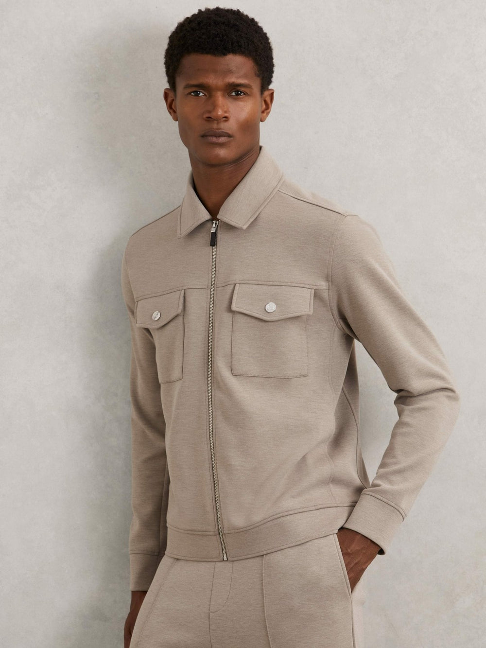 Reiss | Interlock Jersey Zip-Through Jacket in Taupe Brown