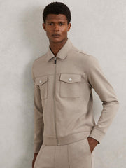 Reiss | Interlock Jersey Zip-Through Jacket in Taupe Brown