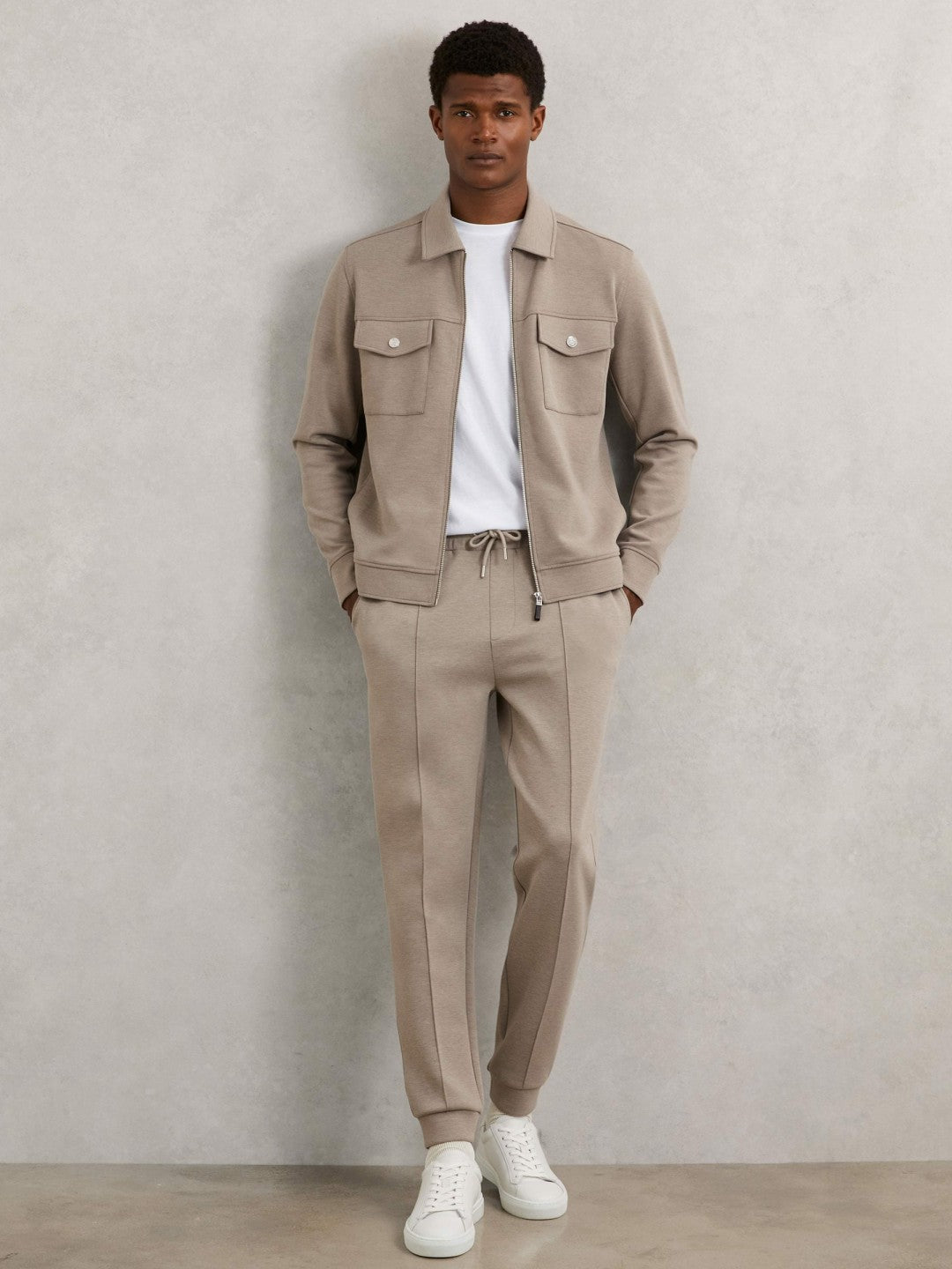 Reiss | Interlock Jersey Zip-Through Jacket in Taupe Brown