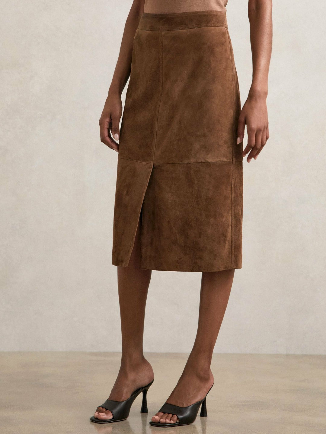 Reiss | Suede Straight-Fit Midi Skirt in Tan Brown