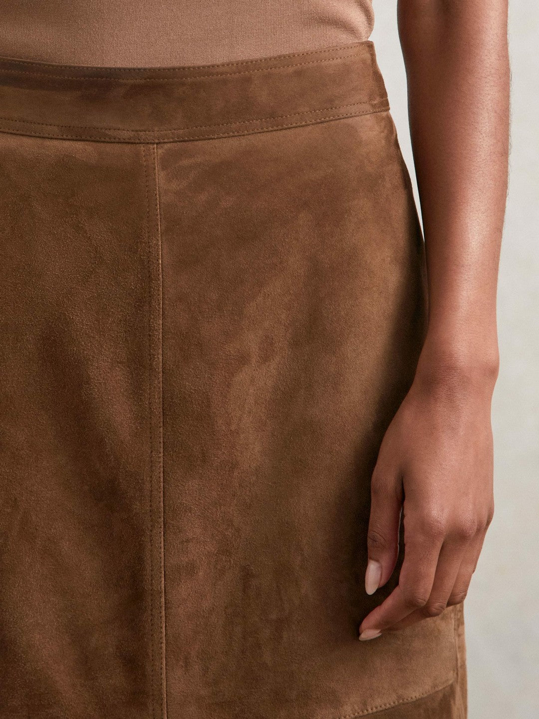 Reiss | Suede Straight-Fit Midi Skirt in Tan Brown
