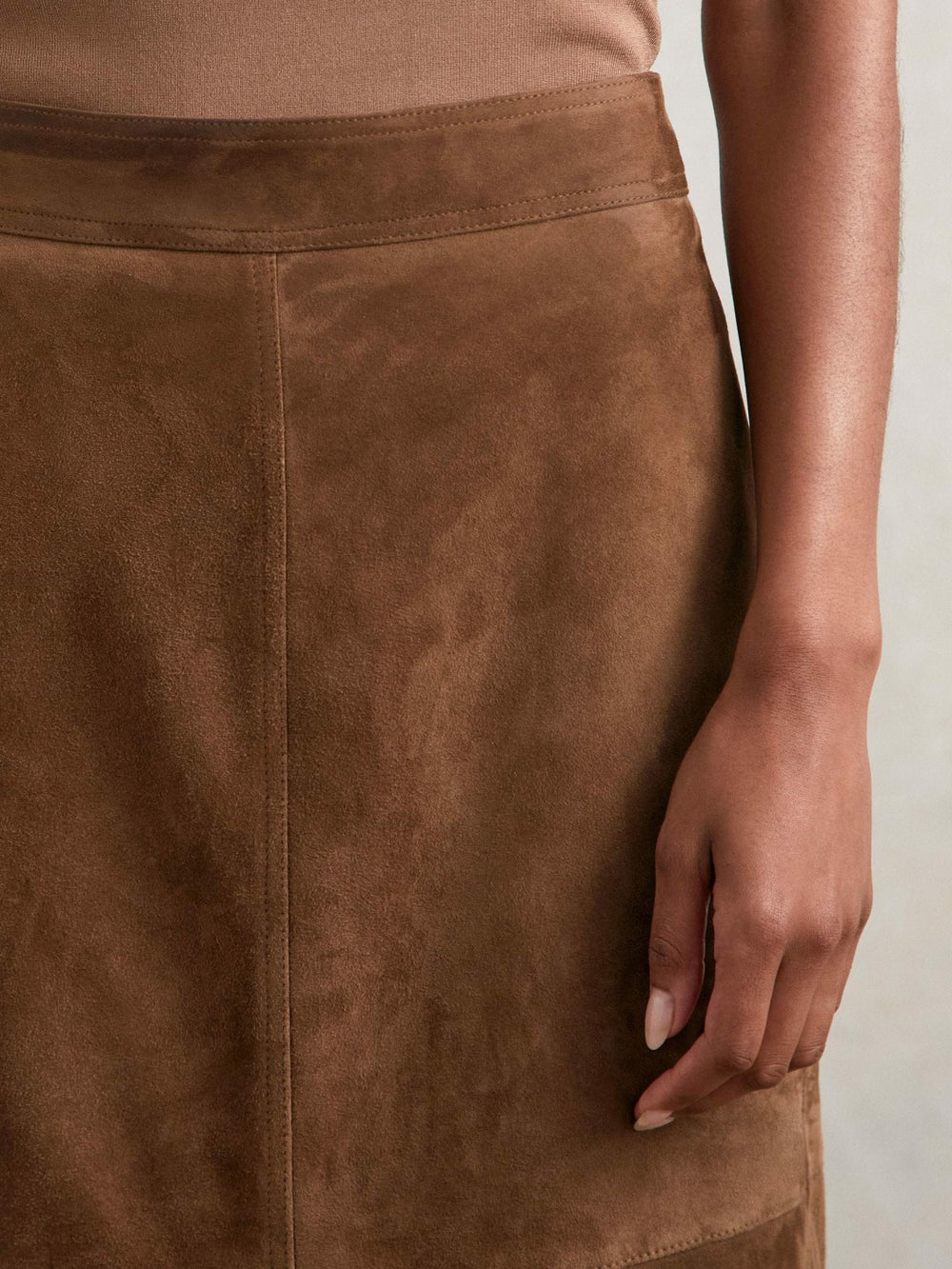 Reiss | Suede Straight-Fit Midi Skirt in Tan Brown