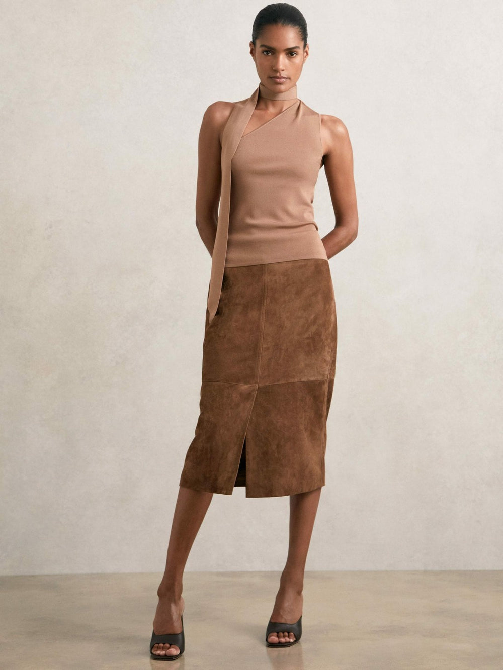 Reiss | Suede Straight-Fit Midi Skirt in Tan Brown