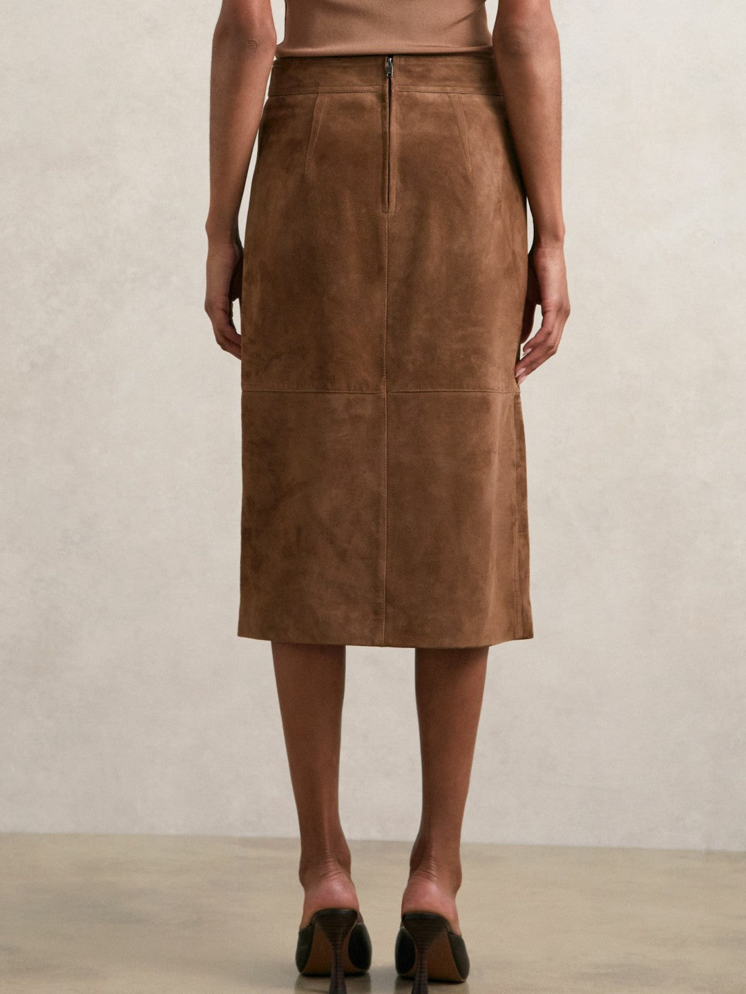Reiss | Suede Straight-Fit Midi Skirt in Tan Brown