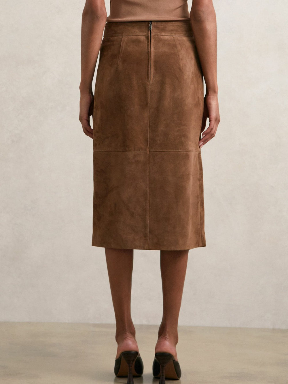 Reiss | Suede Straight-Fit Midi Skirt in Tan Brown