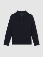 Reiss | 9-13 yrs Merino Wool Long-Sleeve Polo Shirt in Navy