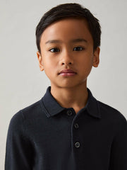Reiss | 4-9 yrs Merino Wool Long-Sleeve Polo Shirt in Navy