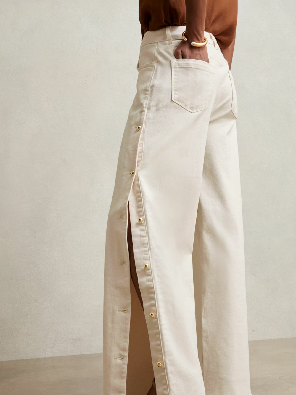 Reiss | Petite Side Button Wide Leg Jeans in Cream