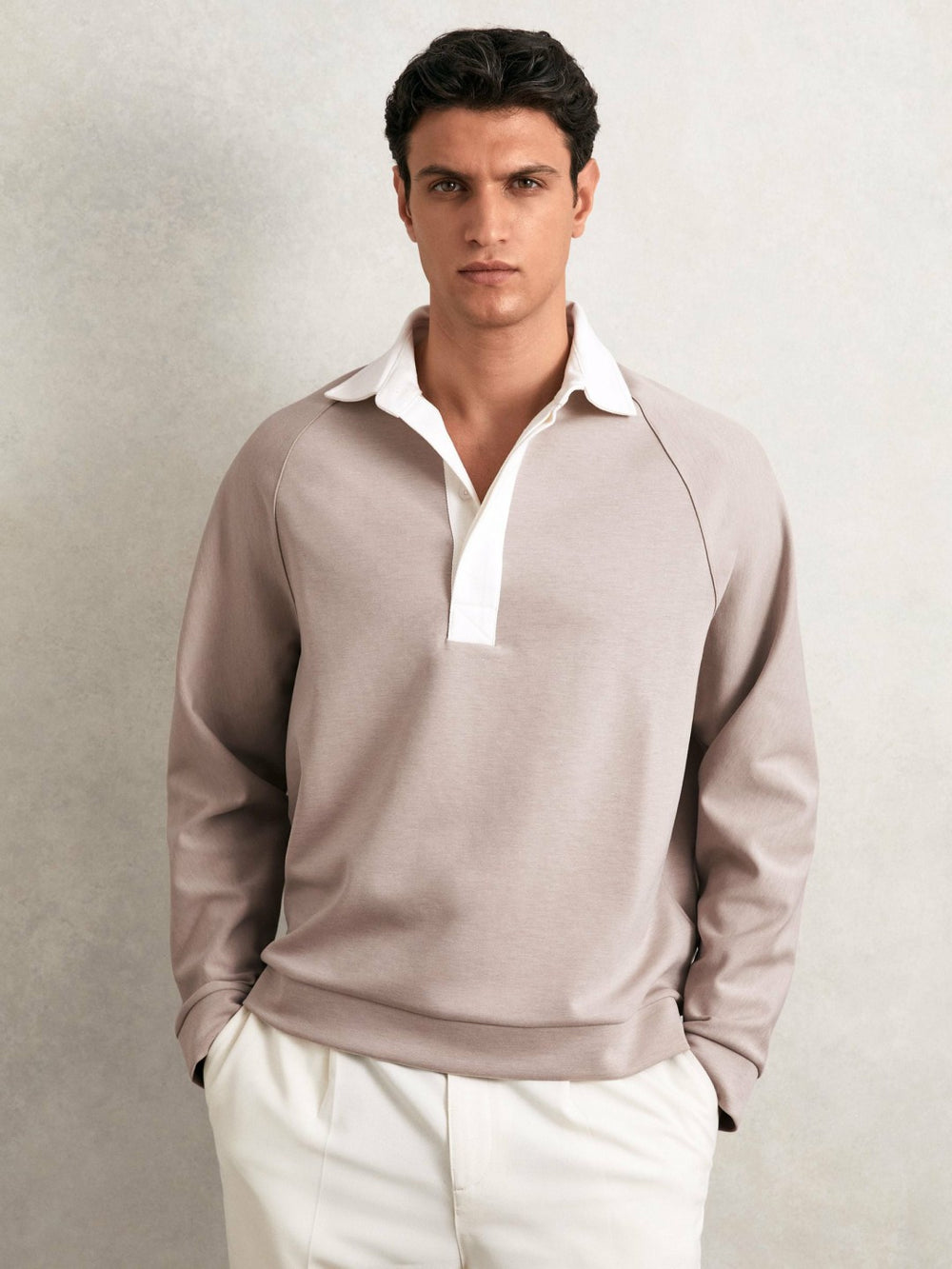 Reiss | Colour Block Rugby Shirt in Oatmeal/White