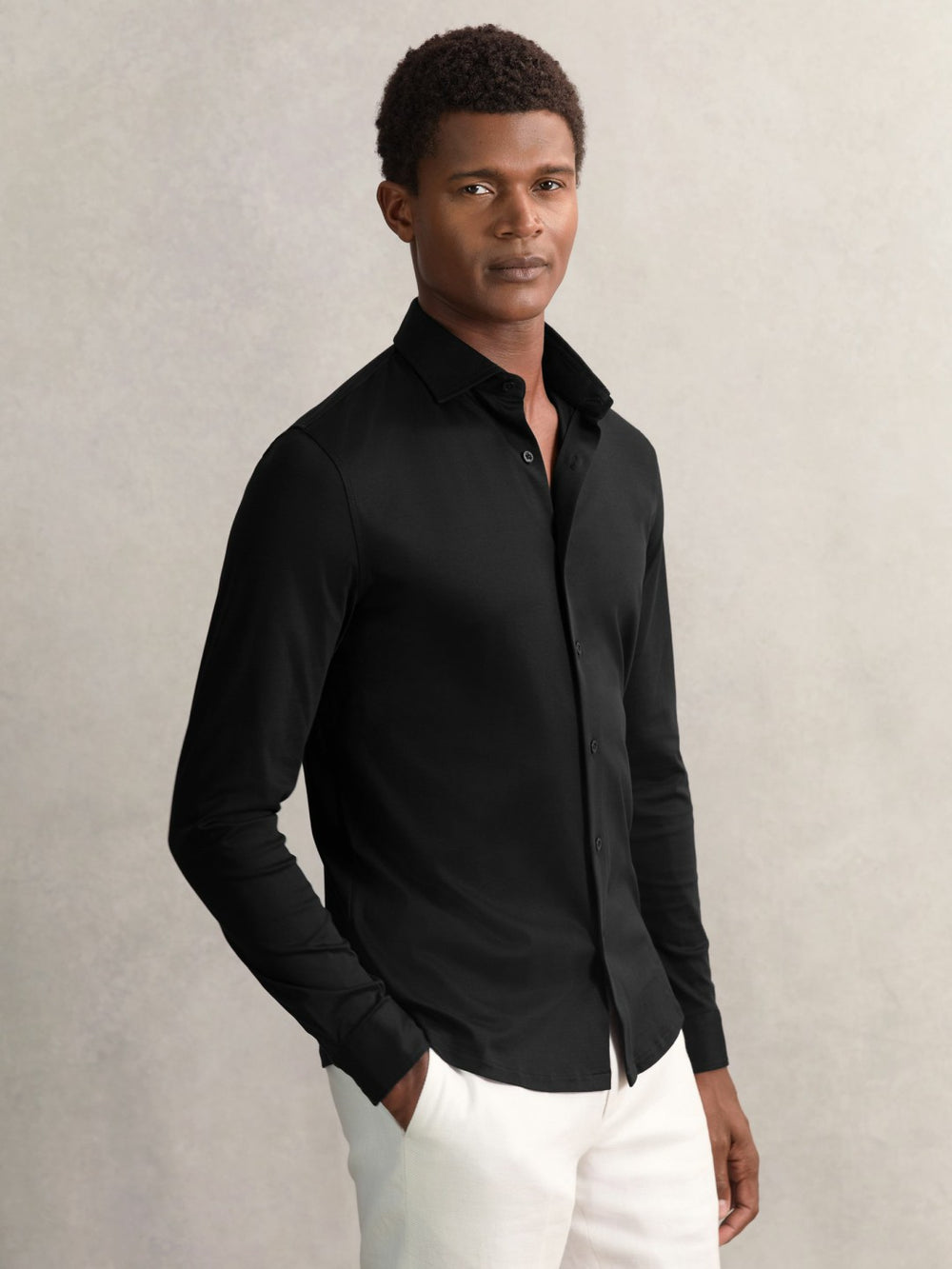 Reiss | Cotton-Jersey Button-Through Shirt in Black