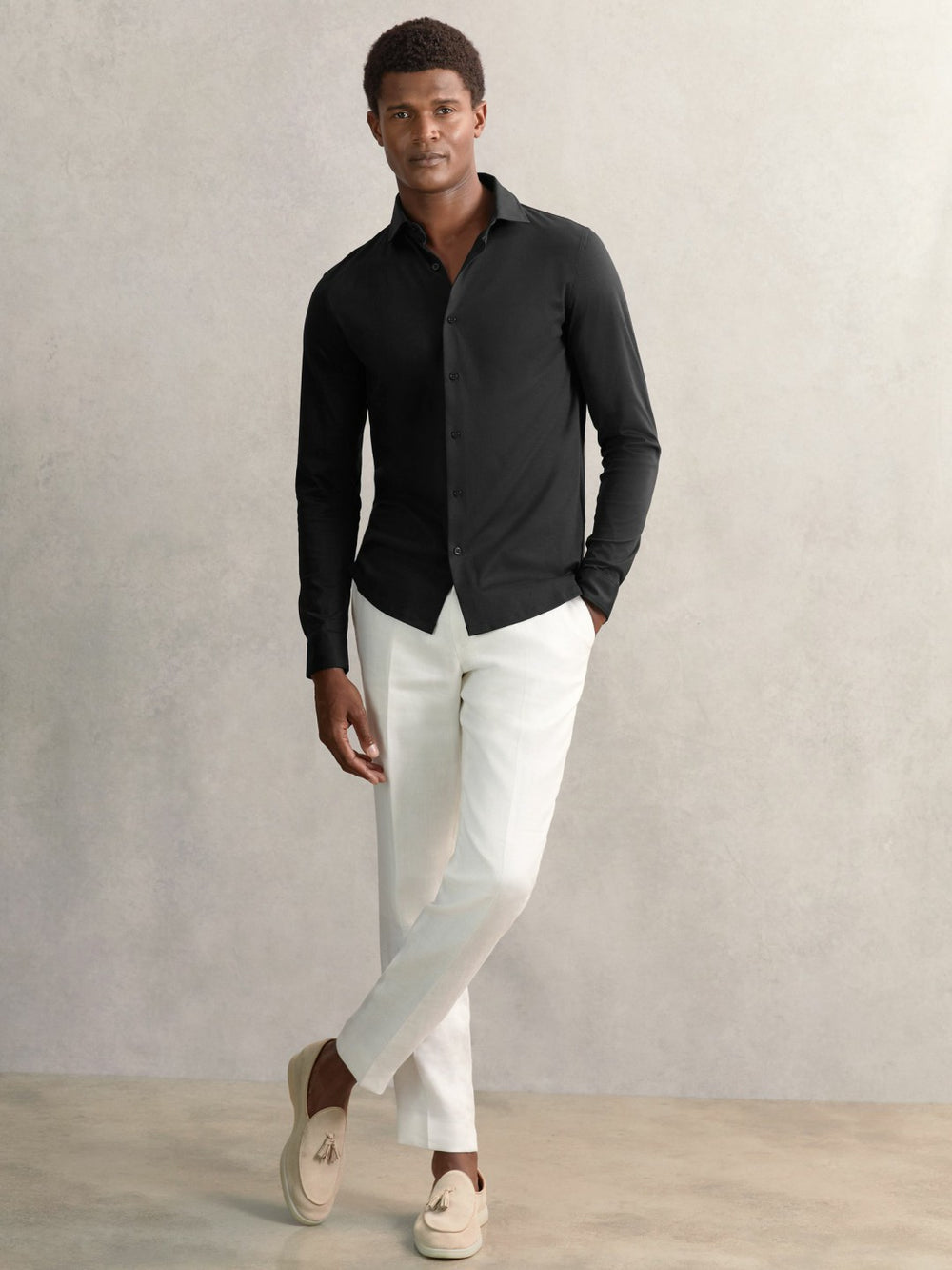Reiss | Cotton-Jersey Button-Through Shirt in Black