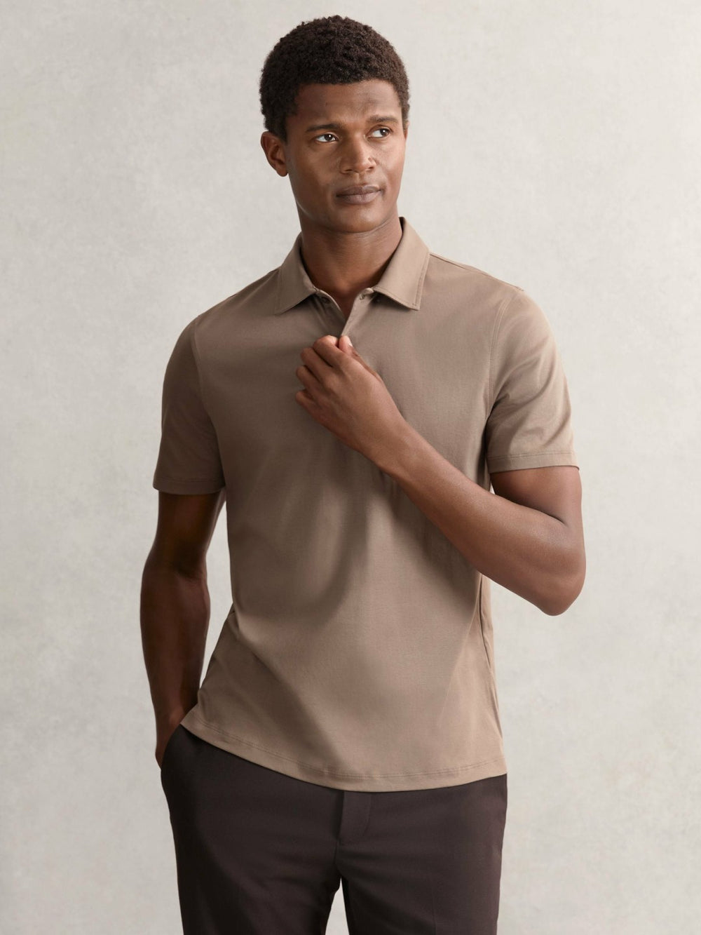 Reiss | Cotton Short-Sleeve Polo Shirt in Taupe Brown