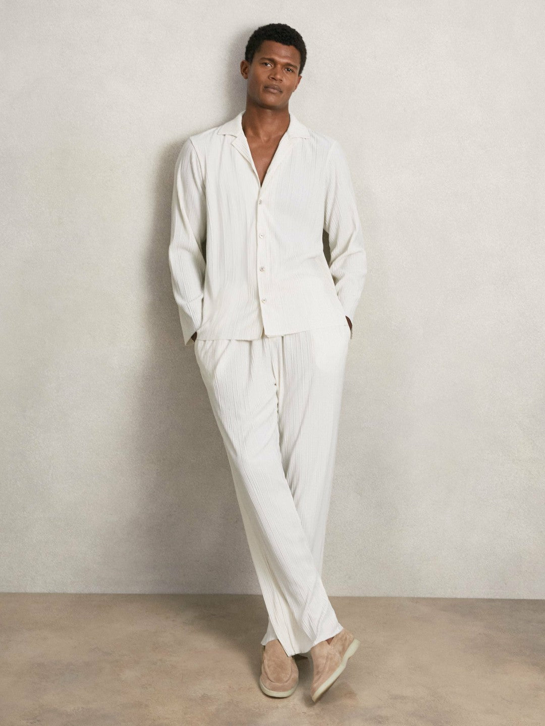 Reiss | Plissé Cuban-Collar Long-Sleeve Shirt in Off White