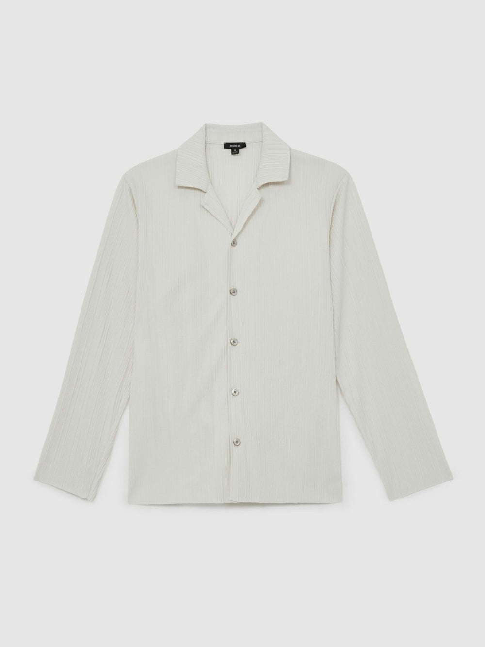 Reiss | Plissé Cuban-Collar Long-Sleeve Shirt in Off White