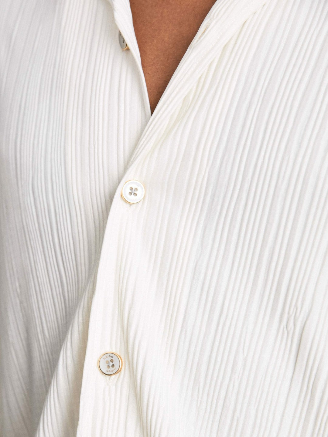 Reiss | Plissé Cuban-Collar Long-Sleeve Shirt in Off White