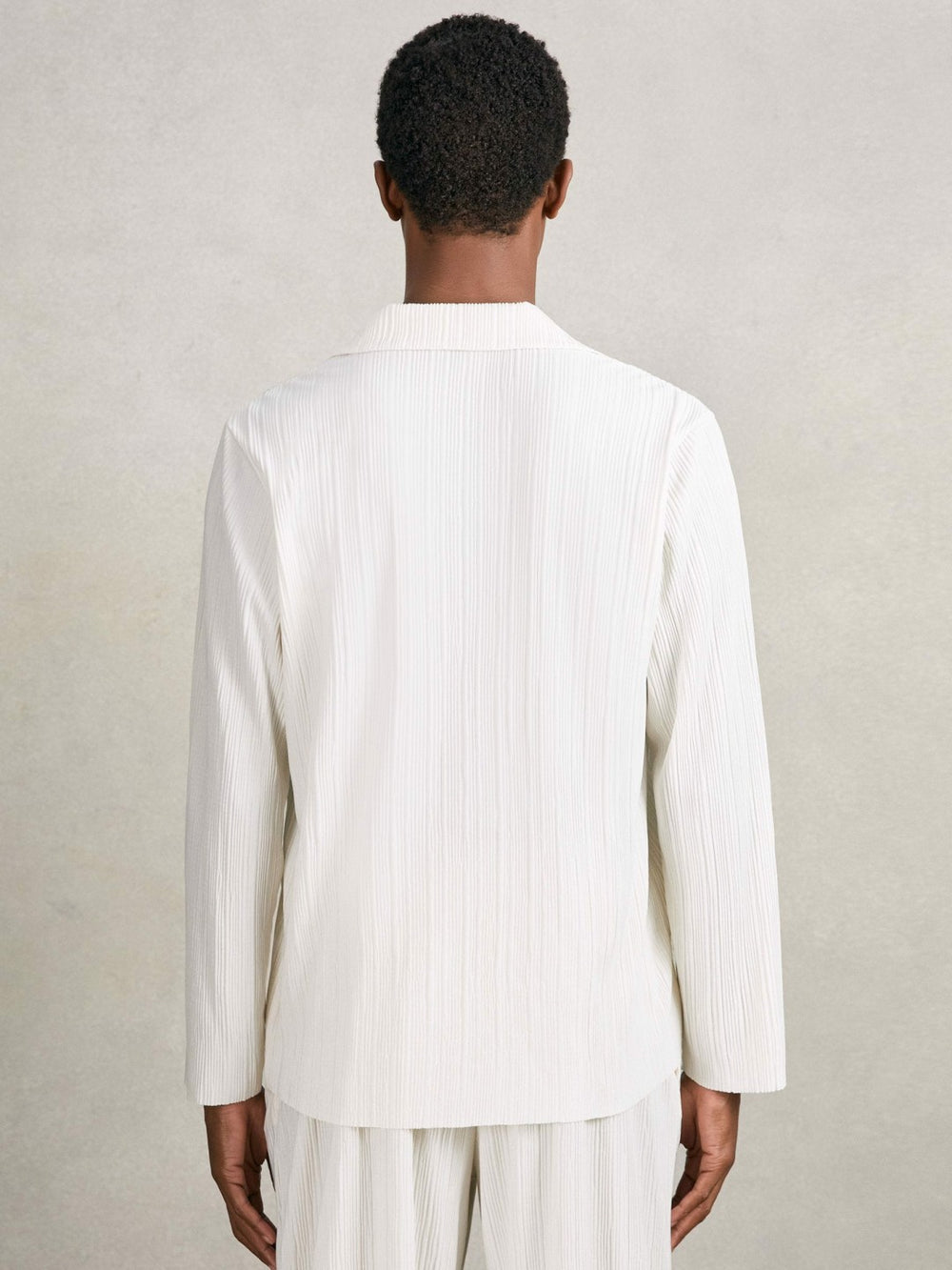Reiss | Plissé Cuban-Collar Long-Sleeve Shirt in Off White