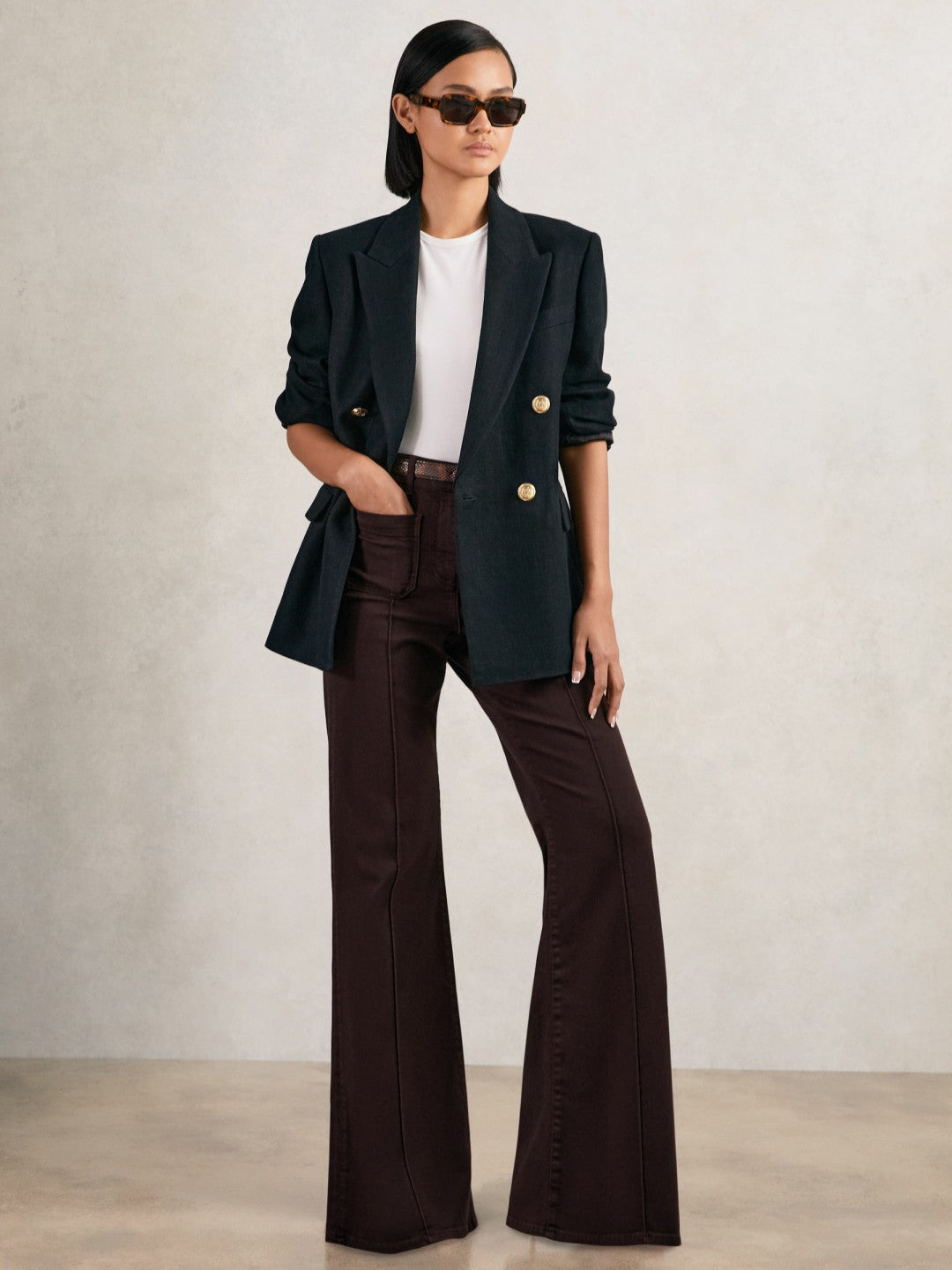 Reiss | Petite Patch-Pocket Flared Jeans in Burgundy