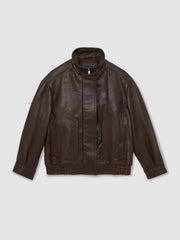 Reiss | Oversize Grained-Leather Bomber Jacket in Burgundy