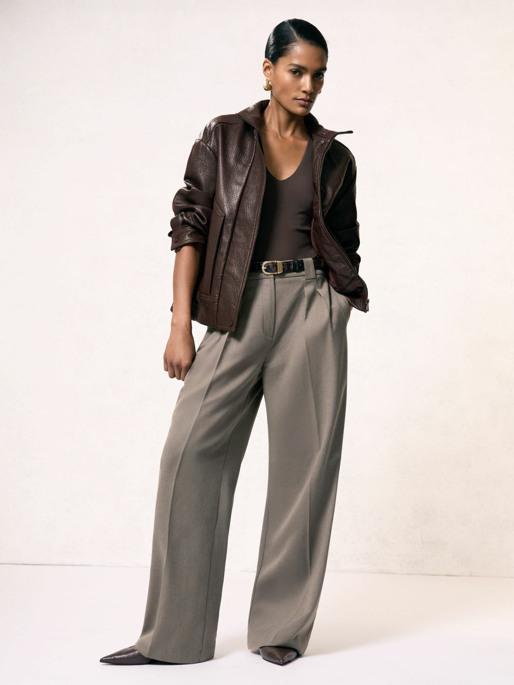 Reiss | Oversize Grained-Leather Bomber Jacket in Burgundy
